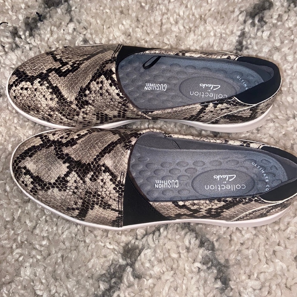 clarks snake skin slip ons